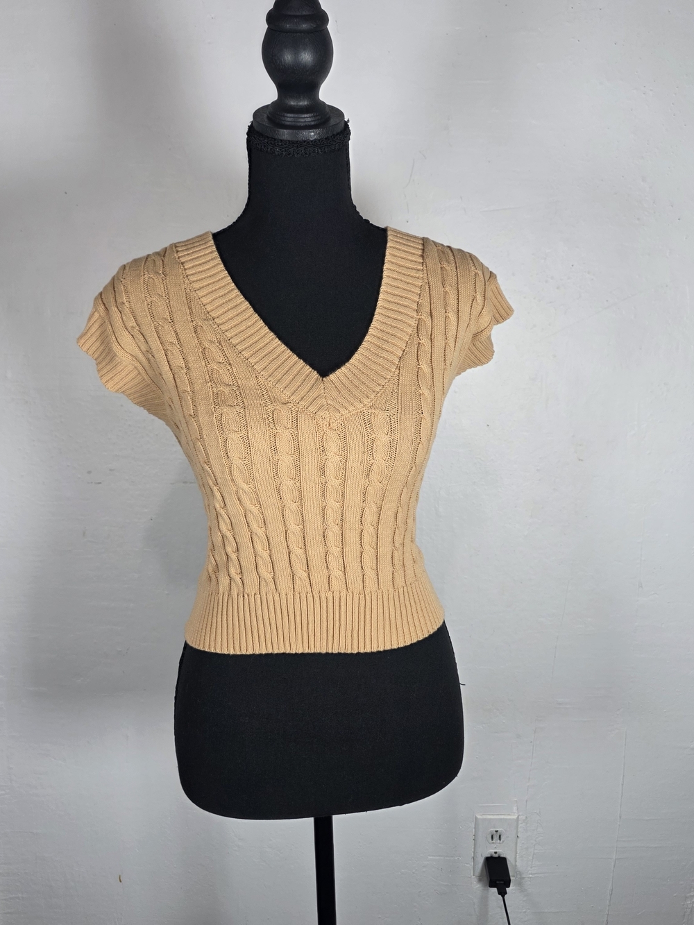 Say What? Cable Knit V-Neck Cap Sleeve Sweater - Tan